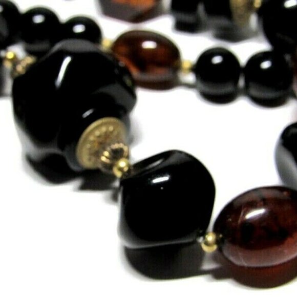 Vintage Plastic Resin Bead Necklace Brown Metal Brass - Picture 5 of 6